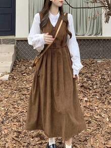 Sweet Mori Style Mid-Length A-Line Dress, V-Neck Suspender Dress Suit For Women, Autumn