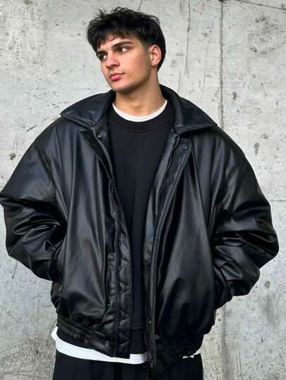 Oversize Men's Coat. Fiber-Filled Faux Leather Fabric Keeps You Warm In Winter