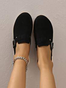 New Women Platform Mules Shoes, Black & Beige Faux Suede Round Toe Slip-On Fashion Thick Bottom Loafers - Black - View 3