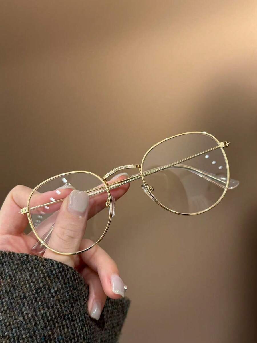 1pc Round High-Quality Gold Metal Frame Clear Lens Glasses, Fashionable And Suitable For Boy & Girl, Prevent Visual Fatigue When Using Computers, TVs, Gaming, And Smartphones - Clear - View 1