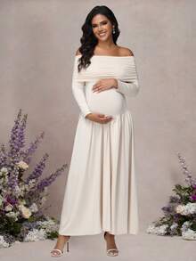 JustVH Maternity Off Shoulder Long Sleeve Solid Color Dress Autumn And Winter Pregnant Maxi Dress For Baby Shower Party, Gender Reveal