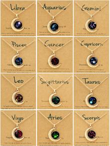 1/12pcs 12 Zodiac Glow-In-The-Dark Moon Pendant Necklace, Fashionable Personalized Constellation Card Necklace