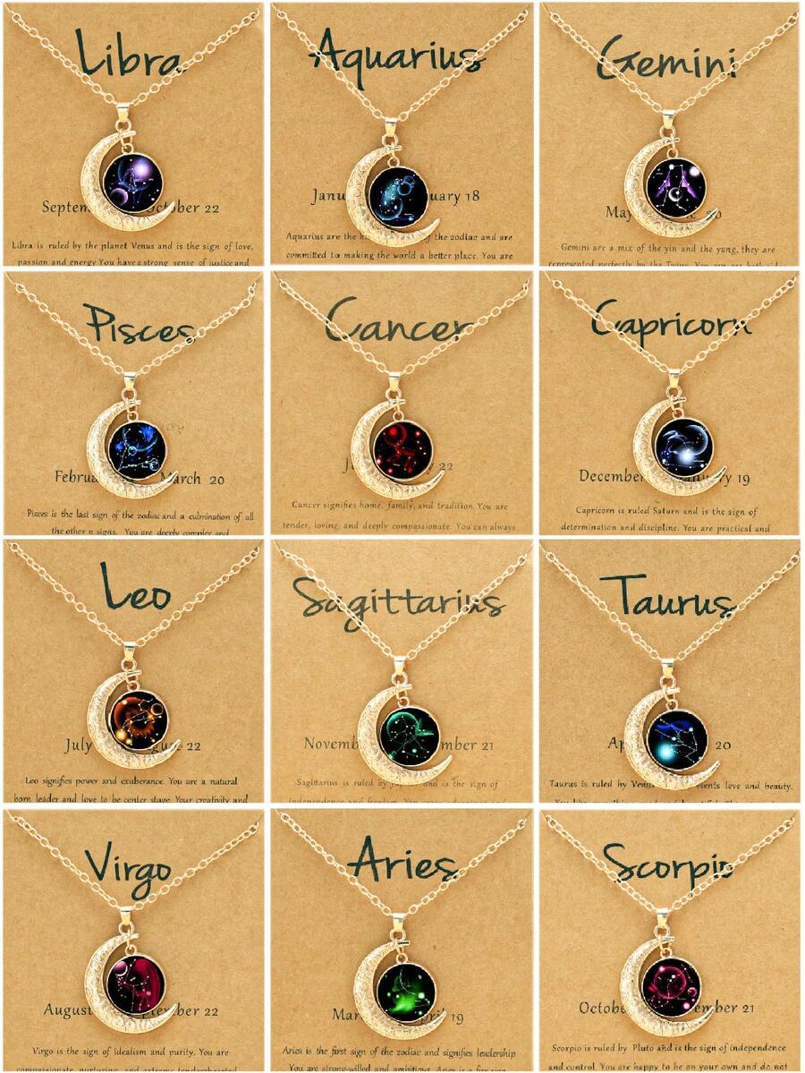 1/12pcs 12 Zodiac Glow-In-The-Dark Moon Pendant Necklace, Fashionable Personalized Constellation Card Necklace