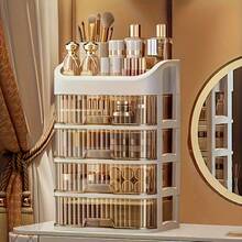 3-5 Layer Expandable Plastic Cosmetic Storage Box - Plug-In Installation Cosmetic Storage Display Cabinet With Multiple Compartments For Storing Brushes, Lipstick, Skincare Products - Fragrance Free - Milk Tea Color 5 Layers - View 3