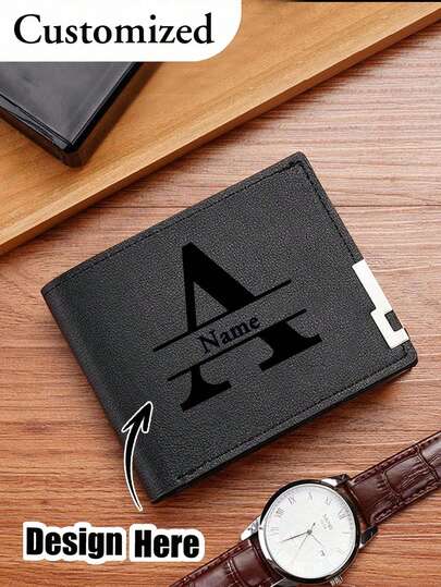1 carteira curta masculina personalizada em cor sólida com estampa de letras, feita de, carteira simples de poliuretano com compartimentos para vários cartões, presente personalizado para irmão, pai, namorado, aniversários, dia dos pais, Natal e Halloween