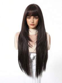28 英寸黑色长直发合成假发，带刘海，自然黑色耐热纤维发，全机器制作，Cosplay 派对假发，适合时尚女性日常校服，适合万圣节和圣诞节新年狂欢音乐节角色扮演、女孩礼物、夏季毕业礼物、现成礼物、万圣节圣诞节礼物 - 棕色 - 查看 4