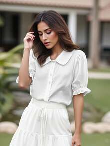 Women's Preppy Short Sleeve Blouse, Peter Pan Collar Button Down Shirt For Office Work, Casual Commute  College Outfits, Summer Top - 白色 - 查看 4