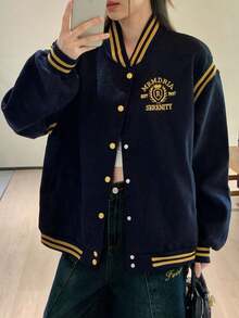 Retro American College Style Baseball Jacket For Women, Loose Fit Casual Mid-Length Bomber Coat, Autumn