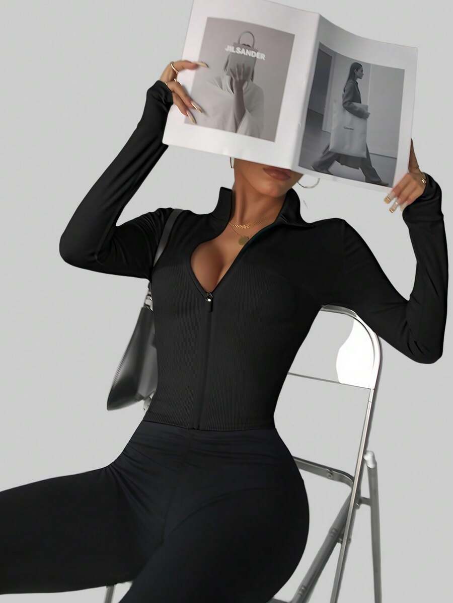 Aaseow Women's Bbl Jacket Fashion Seamless Outdoor Running Workout ,Wear Zipper Stretch Minimalist Fashion Sexy Fitted Long-Sleeve Yoga Jacketfall Clothes For Women