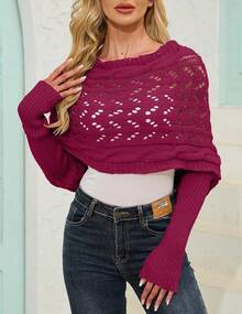 Knitted Wrap, Scarf Women, Hollow Out Crochet Shrugs, 2024 Knit Sweater Scarf With Sleeves - 玫紅色 - 查看 2