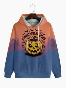 Men's Drawstring Hoodie, Pumpkin & Bat Halloween Graphic, Colorblock Smiling Face 3D Digital Print, Casual Streetwear Sweatshirt For Autumn/Winter