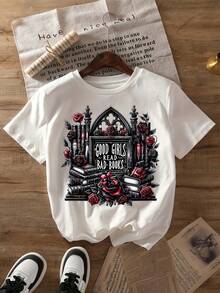 [Standard Size Crew Neck T-Shirt] Graphic Print T-Shirt With A Large, Dark Love Book Design, Perfect For Casual Wear In Summer And Spring. Features Short Sleeves And A Crew Neck. Available In Standard Women's Sizes. - White - View 1