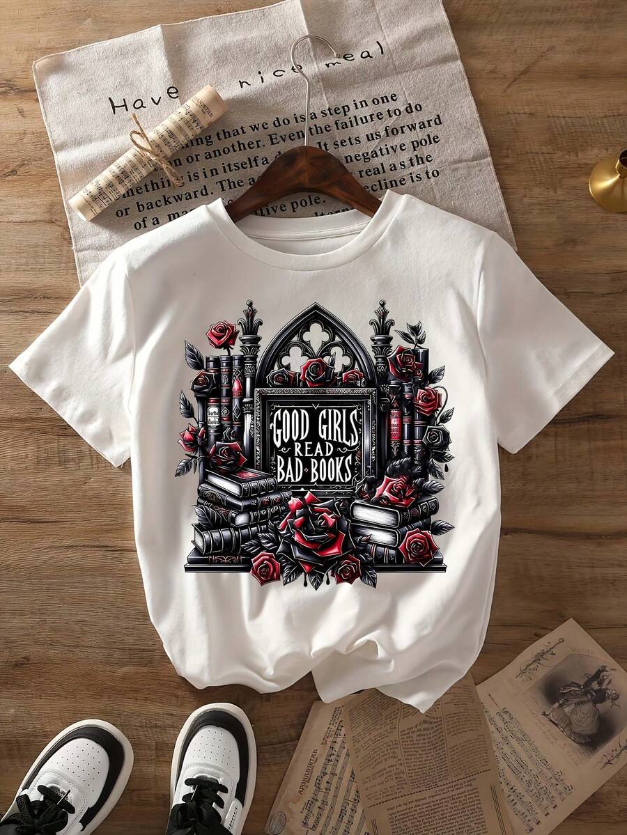 [Standard Size Crew Neck T-Shirt] Graphic Print T-Shirt With A Large, Dark Love Book Design, Perfect For Casual Wear In Summer And Spring. Features Short Sleeves And A Crew Neck. Available In Standard Women's Sizes. - White - View 1