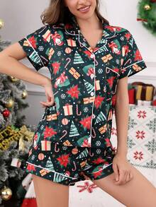 2pcs Christmas Santa Claus Print Women Short Sleeve Button Collar Top And Shorts Pajama Set, Comfortable Casual Loose Fit Homewear, Suitable For Home Or Outdoor Wear, Spring/Summer/Autumn/Winter, Fall Clothes - Dark Green - View 4