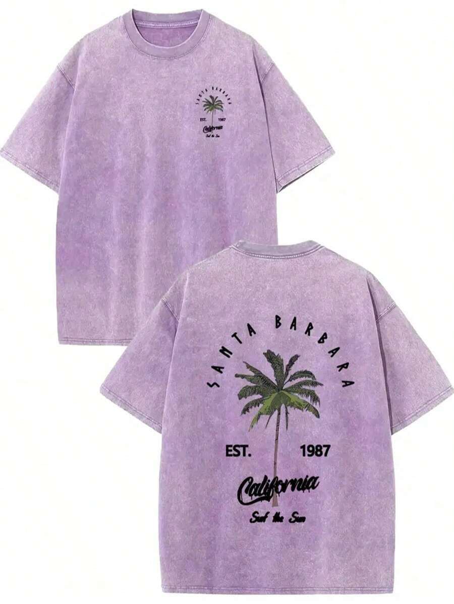 2026 Summer Tops Men's Retro California Style Cotton T-Shirt-"Est.1989" Coconut Tree Design, Short Sleeves, Round Neck, Casual Summer Clothes, Machine Washable, Summer Casual Clothes | TiedyeT T-Shirt Back Design, Retro T-Shirt.Loose And Comfortablesummer Clothes - 紫色 - 查看 1