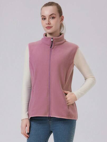 1 pièce Veste décontractée en polaire à col zippé de couleur unie pour femmes, Gilet, Veste en polaire, Gilet en polaire, Gilet matelassé mince et chaud pour le printemps, l'automne et l'hiver