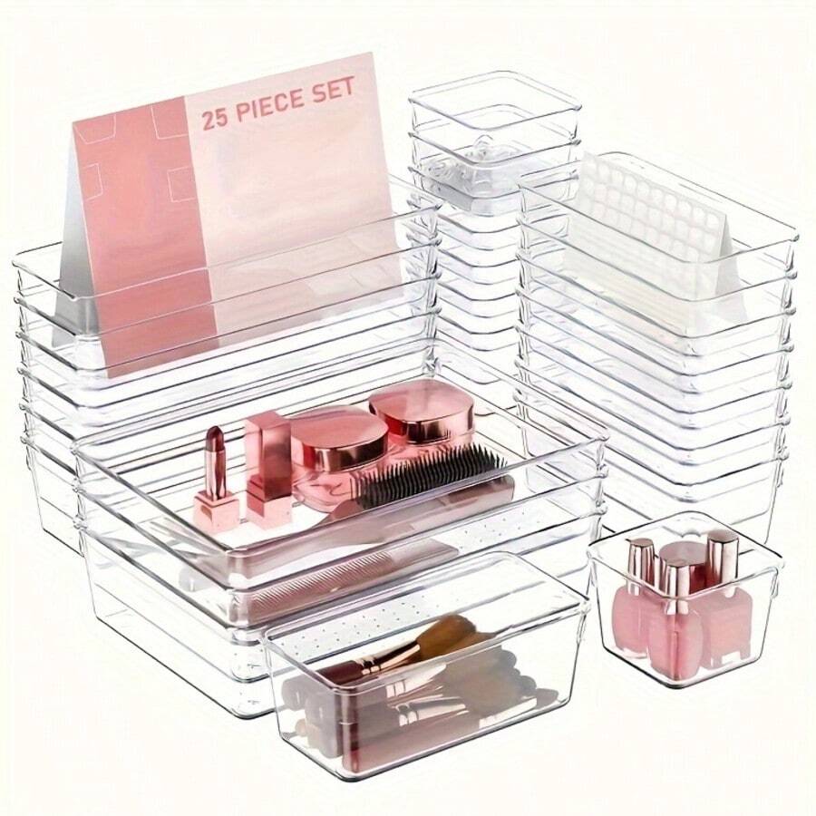 [ULTIMATE LUXURY EDITION]Clear Plastic Desk Drawer Organizers Trays Set | 11/18/25pcs | Food//Grade Clear Plastic | Makeup Storage Bins | Bathroom Tray Dividers | Vanity Trays Organizer | Bedroom Dresser Makeup | Luxury/TOP-OF-THE-LINE Versions | MUST BUY NOW! - Trong sáng - Xem 1