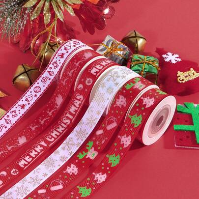 1 Roll 5 Yards Red Christmas Pattern Woven Ribbon, Gift Box DIY Decor, Polyester Ribbon For Gift Wrapping