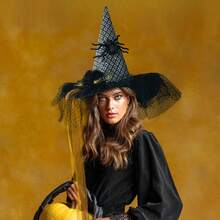 Witch Hat For Women Costume, Witch Hats With Lights Halloween Adult And Teens Women's Large Witches Hat Costume Accessories For Party Cosplay Sorcerer Cap For Festival Party Masquerade For Halloween Party Decorations - 黑色(黑橙飄帶) - 查看 7