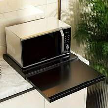 1 pezzo Portaoggetti da cucina multifunzione con ripiano estraibile - Supporto in acciaio al carbonio per forno a microonde, tostapane, bollitore e pentole, montaggio a parete, larghezza regolabile