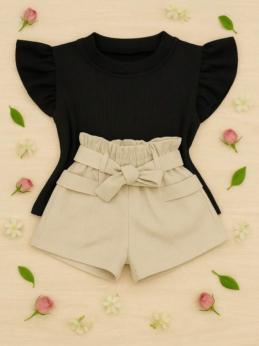 Children's Set Cropped Frufru Blouse + Linen Clochard Shorts Kit With 2 Super Stylish Pieces CJI033 - 裸色和黑色 - 查看 1