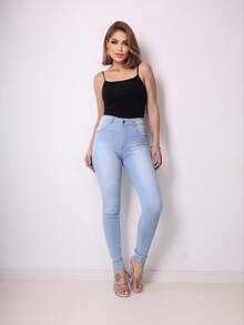 Calca Jeans Feminina Skinny Com Lacra/Elastano Cintura Alta  Simples    Casual  Festa  elegante    Jeans    Bolso  Zíper  Botão    Feminina  Diário  Férias  Praia    All Seasons