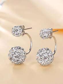 925 纯银优雅双球方晶锆石耳钉，经典日常佩戴夹式耳环，女士球形耳环首饰，适合返校季/秋冬/圣诞节/生日/周年纪念 - 銀色 - 查看 4