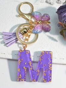 1pc Resin Starry Sky Epoxy English Letter Keychain With Tassel & Fluffy Pom Pom Decor, Gift For Friends & Mothers, Heart Pendant Christmas - Purple - View 9