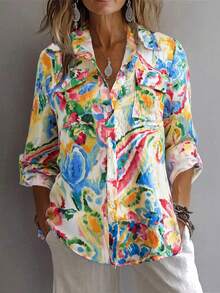 女士彩色扎染渐变撞色长袖休闲衬衫，人造丝尼龙印花面料，纽扣长袖休闲衬衫，有口袋，长袖上衣，适合日常通勤，休闲度假穿着，适合秋冬季旅行