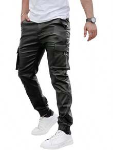 Mens Cargo Pants Joggers Leather Pants For Men Slim Fit-2025 - 黑色 - 查看 1