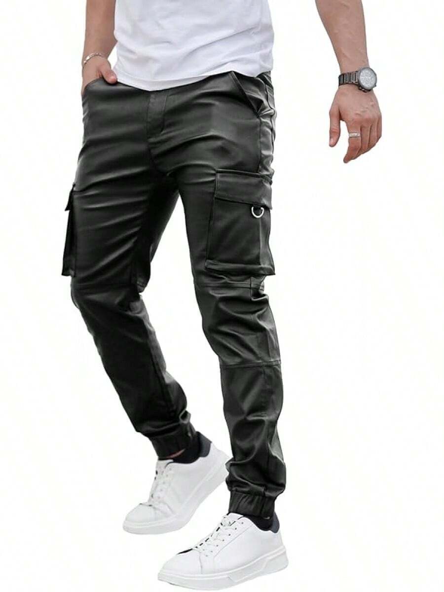 Mens Cargo Pants Joggers Leather Pants For Men Slim Fit-2025 - 黑色 - 查看 1
