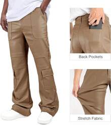 Mens Faux Leather Cargo Pants Flared Bell Bottoms With Pockets For Men 70s Party Pants-20256688 - 棕卡其色 - 查看 6