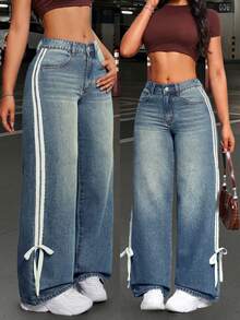Autumn Women's Clothing, American Style Side Striped Jeans, Women's Design Sense, Washed Casual Pants, Fashionable Loose Wide Leg Mid Waist Jeans