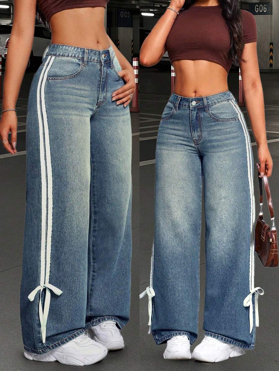 Autumn Women's Clothing, American Style Side Striped Jeans, Women's Design Sense, Washed Casual Pants, Fashionable Loose Wide Leg Mid Waist Jeans