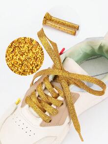 1 para - poliestrowe, dwuwarstwowe sznurowadła, odpowiednie do trampek, butów płóciennych i płaskich. Perłowe, błyszczące, płaskie sznurowadła w kolorze złota. - złoty - Zobacz 3