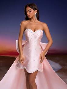 Women's Faux Pearl Backless Bow Decor Elegant Strapless Cocktail Dress - Hồng - Xem 8