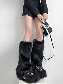 女士毛绒暖腿套 冬季毛皮蓬松暖腿套 柔软靴筒套 万圣节圣诞老人服装 - 黑色 - 查看 6