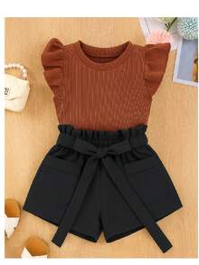 Children's Set Cropped Frufru Blouse + Linen Clochard Shorts Kit With 2 Super Stylish Pieces CJI033 - 黑色和焦糖色 - 查看 2