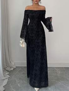 Đầm maxi dài dáng chữ A tay loe trễ vai bằng nhung kiểu Gothic dành cho nữ - Đầm dạ hội trang trọng cổ điển thanh lịch cho tiệc tùng, năm mới, tiệc chiêu đãi, Lễ Tạ ơn, Giáng sinh, màu đen, mùa xuân. - màu đen - Xem 5