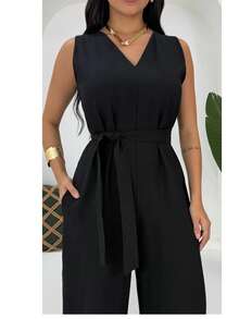 Women's Jumpsuit Roman Pantaloons Tie-Up Elegant Chic Simple Pocket Knot With Belt - 黑色 - View 3