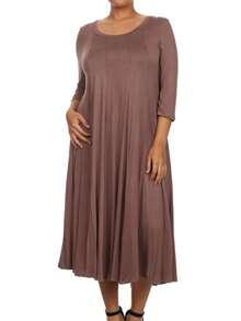 Plus Size Casual 3/4 Sleeves Basic A-Line Pleated Solid Midi Dress  Wedding - Mocha Brown - View 1