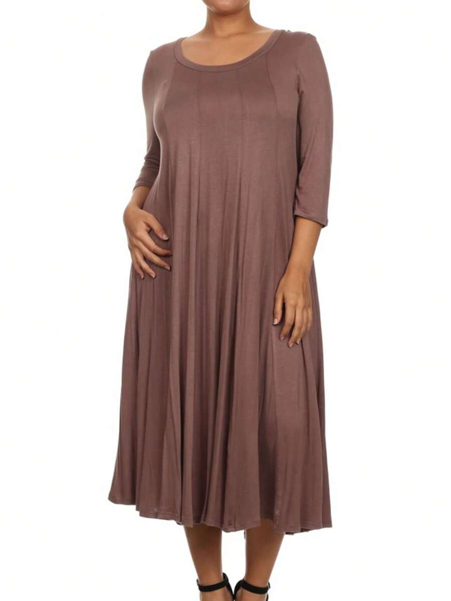 Plus Size Casual 3/4 Sleeves Basic A-Line Pleated Solid Midi Dress  Wedding - Mocha Brown - View 1
