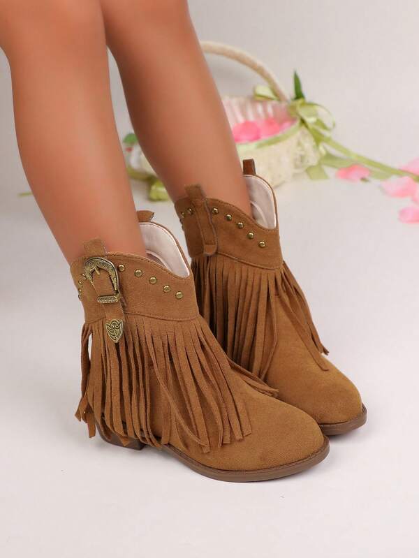 1 Pair Classic Tassel Fashion Versatile High Heel Non-Slip All Season Children Boots, Daily Wear Vacation Flat Boots, Mid-Calf Retro Vacation Casual Girls Boots Suitable For Daily Outfit