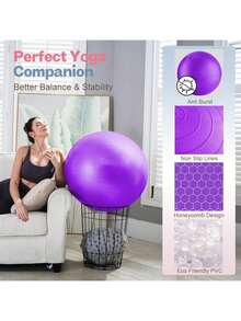 5 种尺寸瑜伽球、健身球、孕妇分娩球、物理治疗、平衡、稳定、锻炼、办公室球椅、带快速泵、多色 - 紫色 - 查看 5