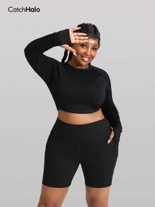 Plus Size High Waist Cropped Sports Top - Round Neck, Cloud-Soft 4-Way Stretch Fabric, Shaping Waist, Breathable & Non-Restrictive, Suitable For Autumn/Winter Fitness, Yoga, Casual Wear, Women's Sports T-Shirt, Slim Fit, Full Size Range - Black - View 6