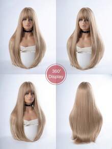 alicegarden 1 hitzebeständige synthetische Perücke, lange braune gerade Perücke mit Pony-Stil, 30 Zoll lang, aus Kunstfaser, für täglichen Partygebrauch, natürliche und realistische Perücke (ohne Zubehör) - Braun - Übersicht 5