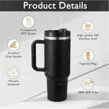 1pc,40 Oz H2.0 Cup, 40oz Cup Stainless Steel Vacuum Insulated Tumbler With Lid And Straw For Water, Iced Tea Or Coffee, Smoothie And More, 40oz Reusable Double Walled Vacuum Insulated Stainless Steel Water Bottle With Handle For Outdoor Activities, Camping - Black - View 5