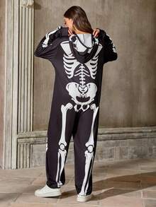 Halloween Skull Print Jumpsuit With Hood, Masquerade Party Costume Suitable For Carnival, Halloween Stage Performance
