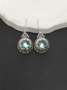 1 对波西米亚风格圆形海蓝宝石锆石雕刻吊坠耳环，适合女性日常、派对、旅行珠宝礼物 - 銀色 - 查看 12