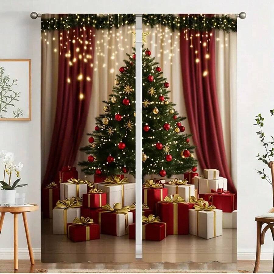2PCS Festive Christmas Curtains With Tree And Gift Design - Translucent Privacy Curtains, Rod Bags For Easy Installation, Suitable For Bedroom, Living Room, Kitchen, Bathroom - Elegant Home Windows, Living Room Curtains | Festive Curtains | Translucent Materials, Living Room Christmas Curtains, Suitable For Halloween And Christmas